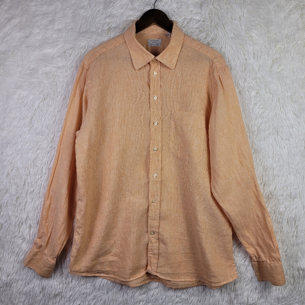 Raphael‎ Positano Mens XL Coral Peach Made In Italy Linen Button Up Pinstripe